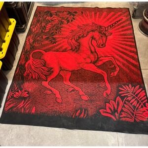 Vintage San Marcos Unicorn Blanket Cobija Red/Black Reversible Aprrox 72"x 84"